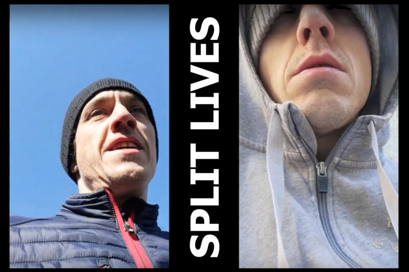 Split lives screenshot showing the two paths of the character in the video