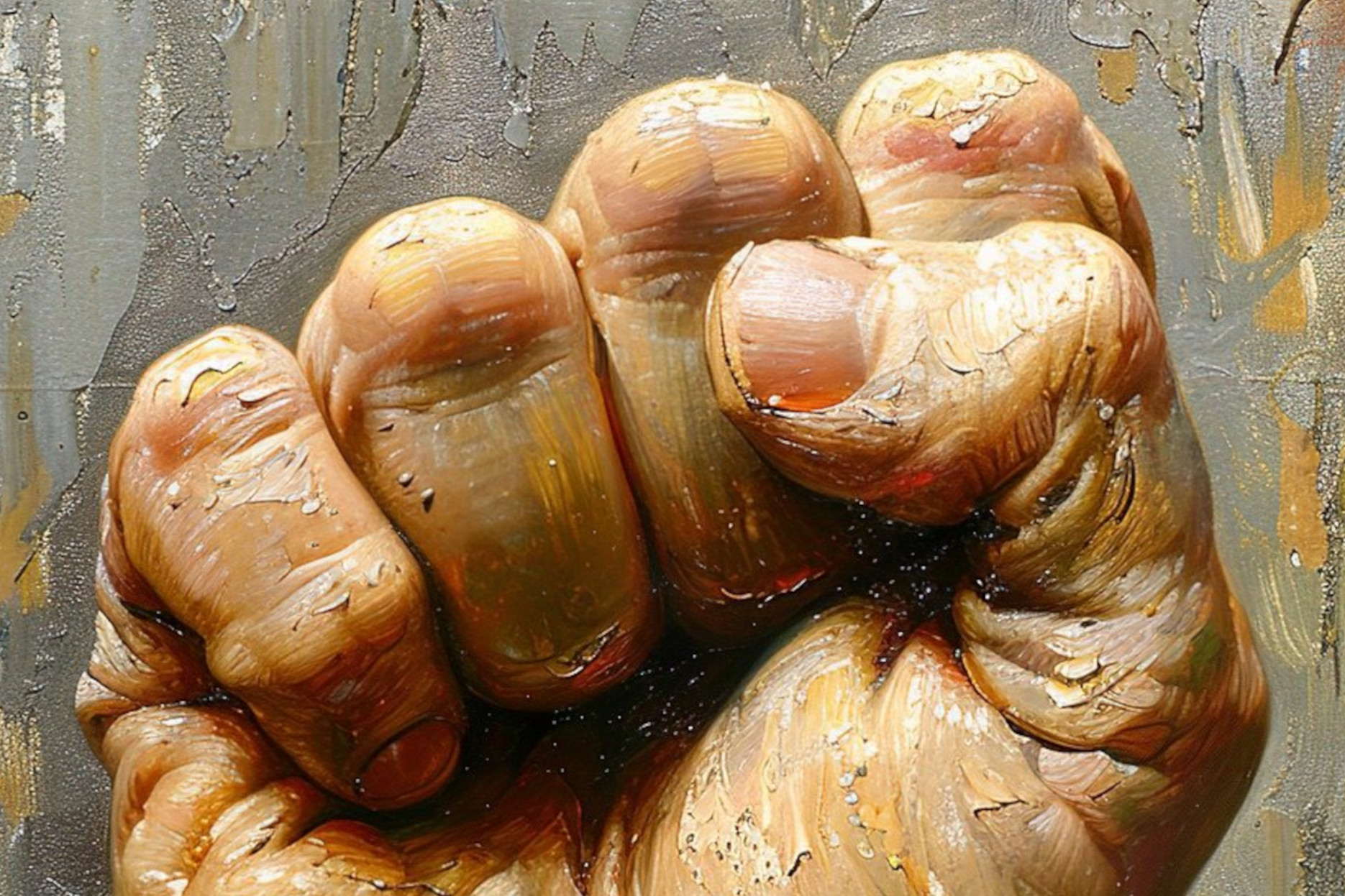 A clenched fist in a stylised watercolour palette