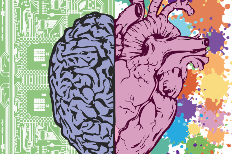 A cartoon image of the two spheres of the brain indicating logic and creativity