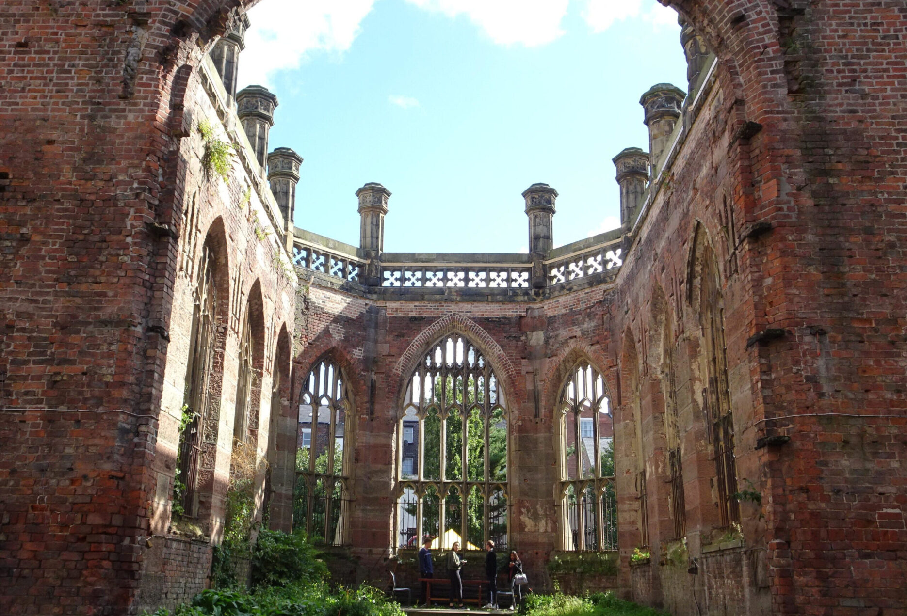 Interior of the bombed out church on a sunny day